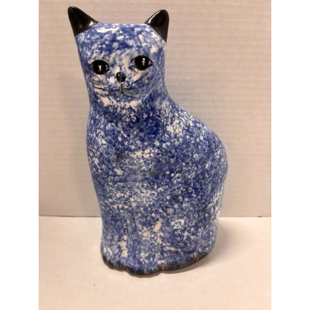 Cat Kitty Vintage Sponged Painted Blue‎ and White Coin Bank 9" Ceramic Taiwan
